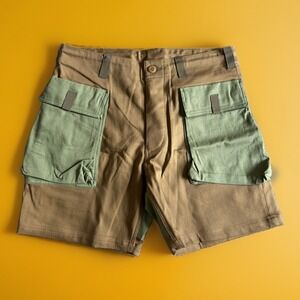 Wasted Collective Organic Cotton Cargo Shorts Olive Green Tan Large Japan NWOT